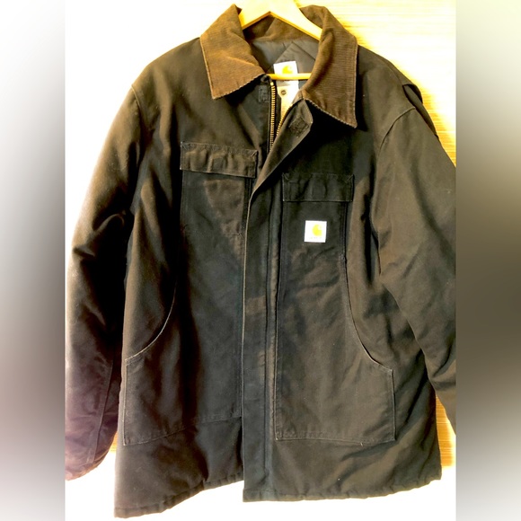 CARHARTT winter coat men’s sz 50T Blk canvas w/brown corduroy collar Looks new! - Picture 2 of 5